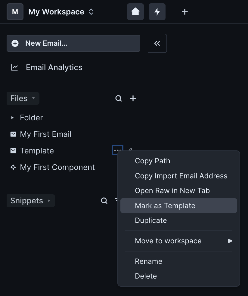 Under Files on the left hand menu, there is an email titled Template. The three dots to the right of the title are selected, which reveals a dropdown of options including Mark as Template.